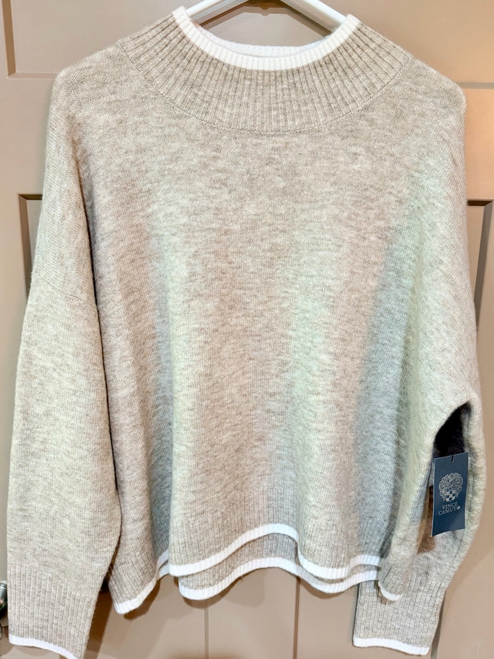New Vince Camuto Neutral Crewneck Sweater with White Trim